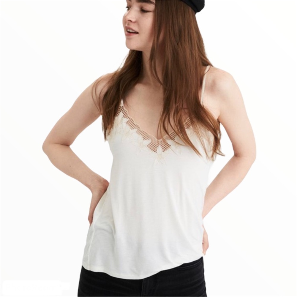 AMERICAN EAGLE Ivory Gold Floral Scallop Tank Top Coquette Cottagecore XS